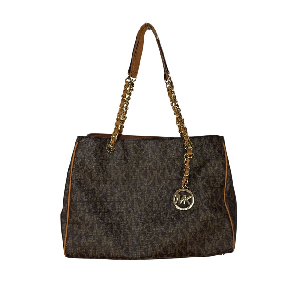 Michael Kors Fulton Large Chain Shoulder Bag Brown Logo Monogram Tote Gold Chic